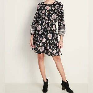 Old Navy Black Floral Long-sleeve, Waist-defined Keyhole Dress XS